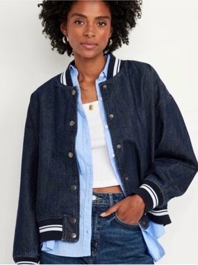 NWOT Old Navy Dark Wash Denim Varsity Bomber Jacket Size Large